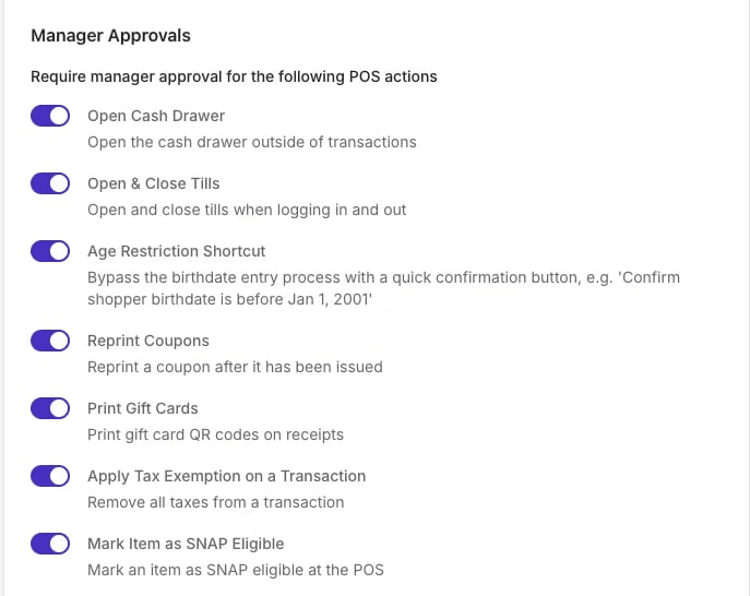 Manager Approvals settings with seven toggles, all on, for POS actions that need manager approval